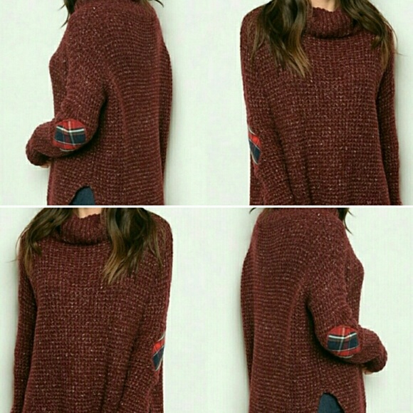 BURGUINDY KNIT PLAID TURTTLE NECk SWEATER - Picture 2 of 2